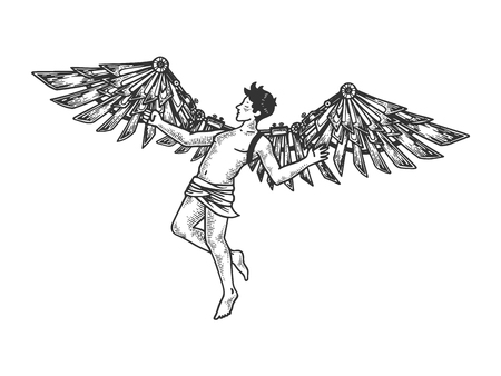 Icarus with mechanical wings Greek mythology engraving vector illustration. Scratch board style imitation. Black and white hand drawn image.のイラスト素材