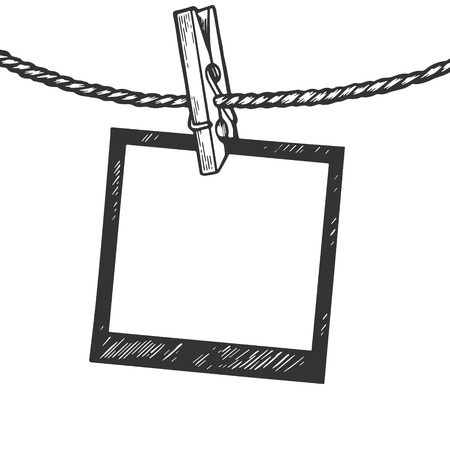 Photo blank frame pin on rope engraving vector illustration. Scratch board style imitation. Black and white hand drawn image.のイラスト素材