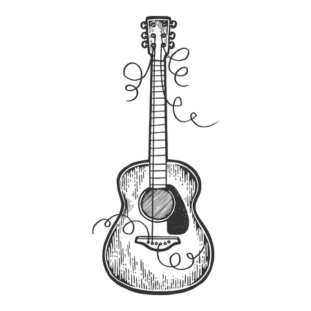 Guitar with torn strings engraving vector illustration. Scratch board style imitation. Black and white hand drawn image.のイラスト素材