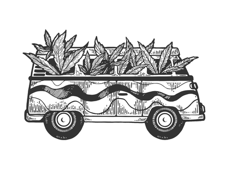 Minibus van with weed cannabis leaf engraving vector illustration. Scratch board style imitation. Black and white hand drawn image.のイラスト素材