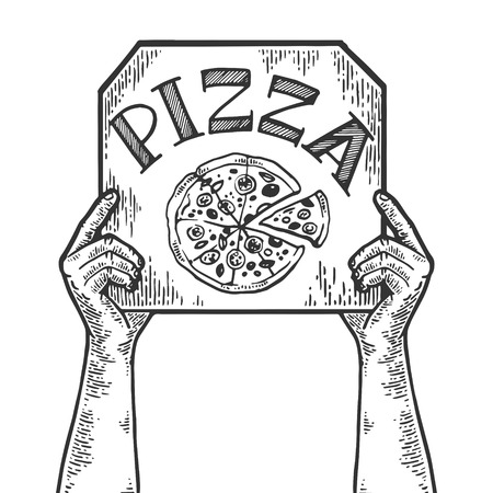Hands with pizza box engraving vector illustration. Scratch board style imitation. Black and white hand drawn image.のイラスト素材