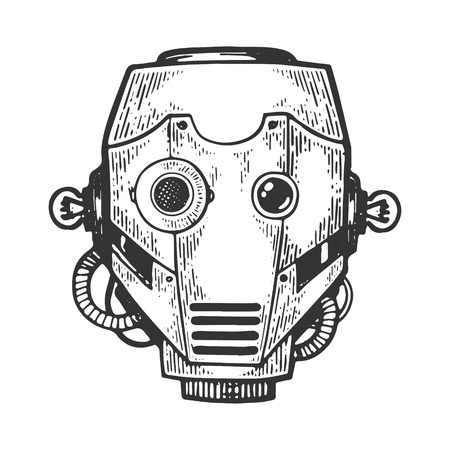 Cyborg robot metal head engraving vector illustration. Scratch board style imitation. Black and white hand drawn image.のイラスト素材