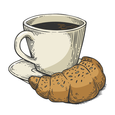 Fastfood coffee and croissant color sketch engraving vector illustration. Scratch board style imitation. Black and white hand drawn image.のイラスト素材