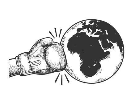 Hand in boxing glove hits Earth planet engraving vector illustration. Apocalyptic war metaphor. Scratch board style imitation. Black and white hand drawn image.のイラスト素材