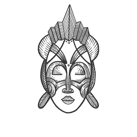 African mask of savages sketch engraving vector illustration. Scratch board style imitation. Hand drawn image.のイラスト素材
