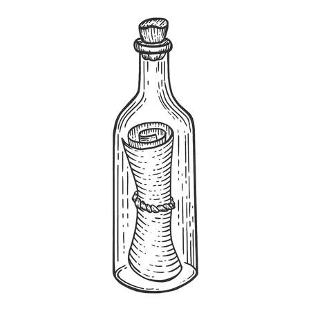Message in bottle sketch engraving vector illustration. Scratch board style imitation. Hand drawn image.のイラスト素材