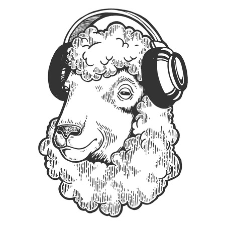 Sheep animal in headphones sketch engraving vector illustration. Scratch board style imitation. Black and white hand drawn image.のイラスト素材