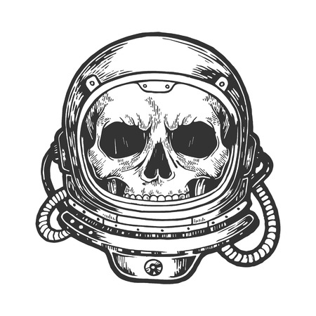 Human skull astronaut helmet sketch engraving vector illustration. Scratch board style imitation. Hand drawn image.のイラスト素材