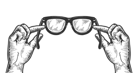 Glasses in hands sketch vintage engraving vector illustration. Scratch board style imitation. Black and white hand drawn image.のイラスト素材