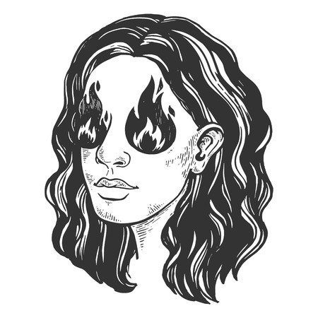 Sexy beauty girl with fire instead her eyes vintage sketch engraving vector illustration. Scratch board style imitation. Black and white hand drawn image.のイラスト素材
