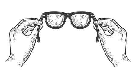 Glasses in hands sketch vintage engraving vector illustration. Scratch board style imitation. Black and white hand drawn image.のイラスト素材