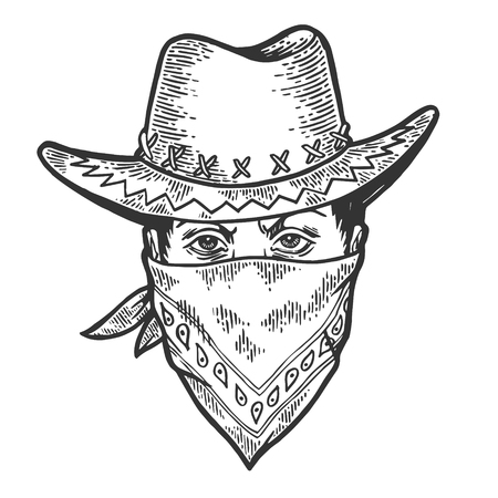 Cowboy head in bandit gangster mask bandana sketch engraving vector illustration. Scratch board style imitation. Hand drawn image.のイラスト素材
