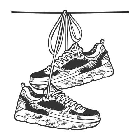 Sneakers are hanging on wire sketch engraving vector illustration. Scratch board style imitation. Black and white hand drawn image.のイラスト素材