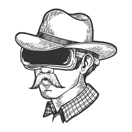 Cowboy head in VR helmet glasses sketch engraving vector illustration. Scratch board style imitation. Hand drawn image.のイラスト素材