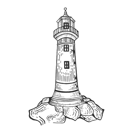 Lighthouse engraving vector illustration. Scratch board style imitation. Hand drawn image.のイラスト素材