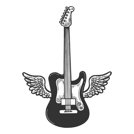 Flying Electric guitar with wings sketch engraving vector illustration. Scratch board style imitation. Black and white hand drawn image.のイラスト素材