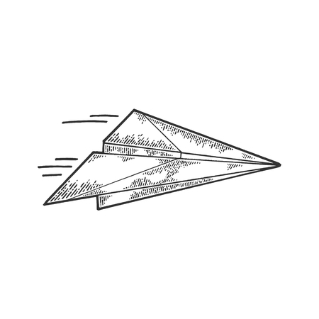 Paper airplane creation instructions sketch engraving vector illustration. Scratch board style imitation. Black and white hand drawn image.のイラスト素材
