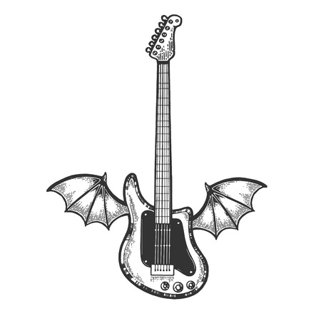 Flying Electric guitar with bat wings sketch engraving vector illustration. Scratch board style imitation. Black and white hand drawn image.のイラスト素材