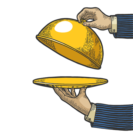Dish plate with cloche and invisible food color sketch engraving vector illustration. Scratch board style imitation. Black and white hand drawn image.のイラスト素材