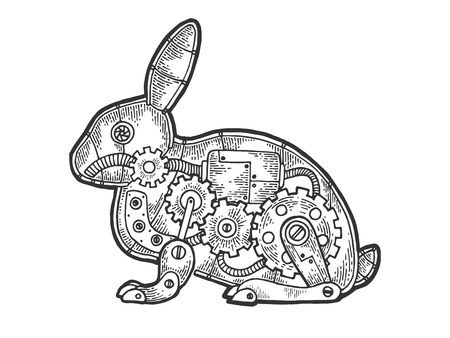 Mechanical Hare rabbit animal sketch engraving vector illustration. Scratch board style imitation. Black and white hand drawn image.のイラスト素材
