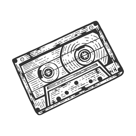 Compact Audio Cassette tape sketch engraving vector illustration. Scratch board style imitation. Black and white hand drawn image.のイラスト素材