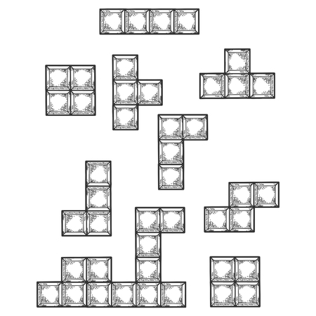 Game puzzle falling blocks sketch engraving vector illustration. Scratch board style imitation. Hand drawn image.のイラスト素材