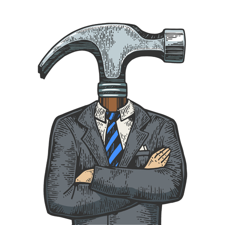 Hammer head businessman color sketch line art engraving vector illustration. Scratch board style imitation. Black and white hand drawn image.のイラスト素材