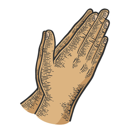 Prayer hands gesture color sketch line art engraving vector illustration. Scratch board style imitation. Black and white hand drawn image.のイラスト素材