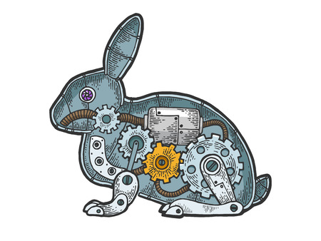 Mechanical Hare rabbit animal color sketch engraving vector illustration. Scratch board style imitation. Black and white hand drawn image.のイラスト素材