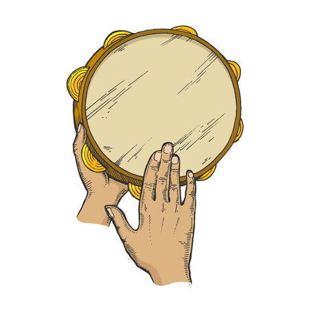 Hands with tambourine color sketch engraving vector illustration. Scratch board style imitation. Hand drawn image.のイラスト素材