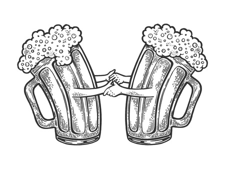 Beer mug cup couple in dance sketch engraving vector illustration. Scratch board style imitation. Black and white hand drawn image.のイラスト素材