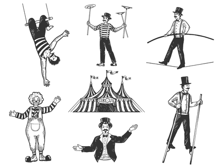 Retro circus performance set sketch vector illustration. Old hand drawn engraving imitation. Human and animals vintage drawingsのイラスト素材