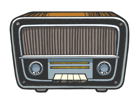 Old vintage radio receiver device color sketch engraving vector illustration. Scratch board style imitation. Black and white hand drawn image.のイラスト素材
