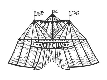 Circus tent sketch engraving vector illustration. Scratch board style imitation. Black and white hand drawn image.のイラスト素材