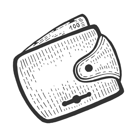 Full wallet with money sketch engraving vector illustration. Scratch board style imitation. Black and white hand drawn image.のイラスト素材