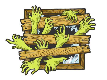 Zombie hands are trying to get through boarded window sketch engraving vector illustration. Scratch board style imitation. Black and white hand drawn image.のイラスト素材