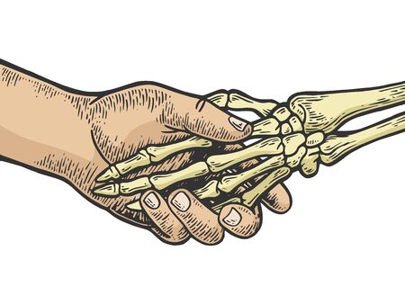 Death skeleton handshake color sketch engraving vector illustration. Scratch board style imitation. Black and white hand drawn image.のイラスト素材