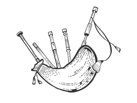 Bagpipes instrument sketch engraving vector illustration. Scratch board style imitation. Black and white hand drawn image.のイラスト素材