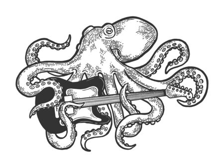 Octopus playing electric guitar sketch engraving vector illustration. Scratch board style imitation. Black and white hand drawn image.のイラスト素材