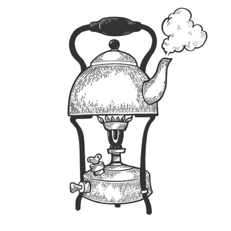 Old boiling kettle pot on primus stove sketch engraving vector illustration. Scratch board style imitation. Hand drawn image.のイラスト素材