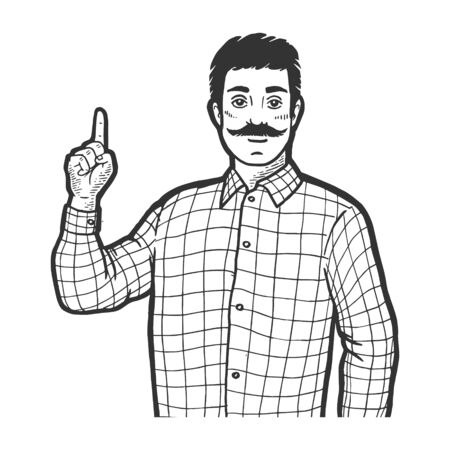 Man with index forefinger up hand attention gesture sketch engraving vector illustration. Scratch board style imitation. Black and white hand drawn image.のイラスト素材