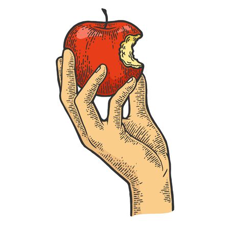 Bitten apple in hand color sketch engraving vector illustration. Scratch board style imitation. Black and white hand drawn image.のイラスト素材