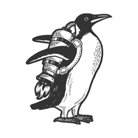 Penguin bird with jetpack sketch engraving vector illustration. Scratch board style imitation. Hand drawn image.のイラスト素材