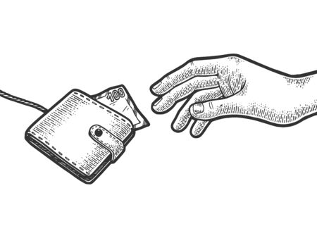 Hand is trying to grab catch purse wallet with money on rope string sketch engraving vector illustration. Scratch board style imitation. Black and white hand drawn image.のイラスト素材