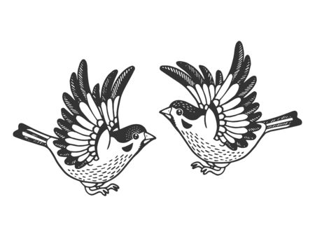Sparrow birds tattoo sketch engraving vector illustration. Scratch board style imitation. Hand drawn image.のイラスト素材