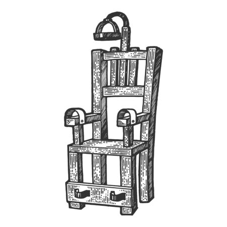 Electric chair execution torture device sketch engraving vector illustration. Scratch board style imitation. Black and white hand drawn image.のイラスト素材