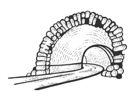 Mountain tunnel road sketch engraving vector illustration. Scratch board style imitation. Black and white hand drawn image.のイラスト素材
