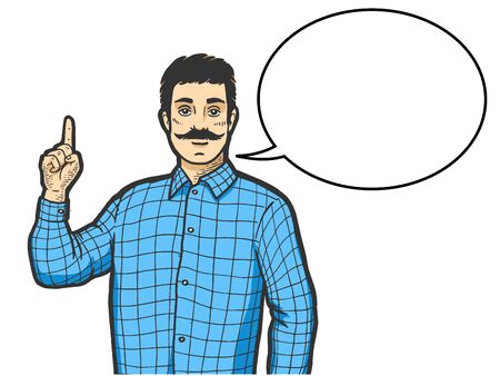 Man index forefinger up hand attention gesture with text bubble sketch engraving vector illustration. Scratch board style imitation. Black and white hand drawn image.のイラスト素材