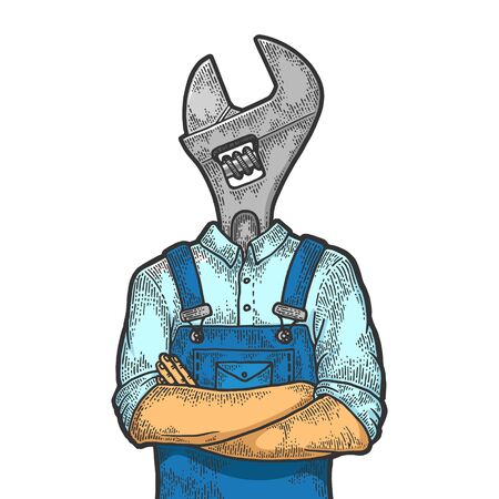 Adjustable wrench spanner head construction worker carpenter color sketch engraving vector illustration. Scratch board style imitation. Black and white hand drawn image.のイラスト素材