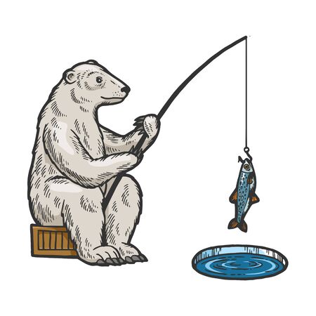 Polar Bear fishing with fishing rod in hole in ice color sketch engraving vector illustration. Scratch board style imitation. Hand drawn image.のイラスト素材